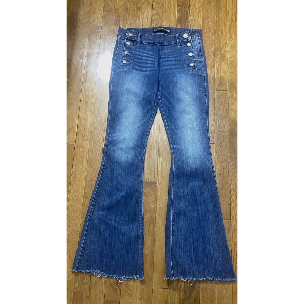 Express Womens Jeans Size 6 Blue Y2K Flare Bell Bottom Raw Hem Distressed Denim